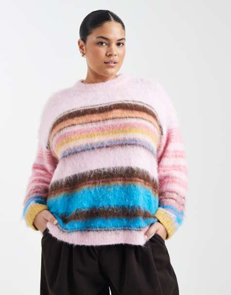 ASOS DESIGN Curve brushed stripe oversized jumper in pink - view 1