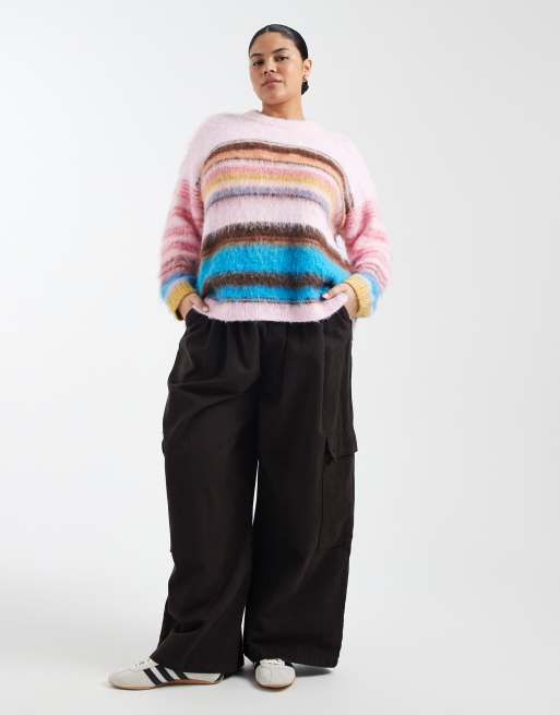 ASOS DESIGN Curve brushed stripe oversized jumper in pink, 3 of 4