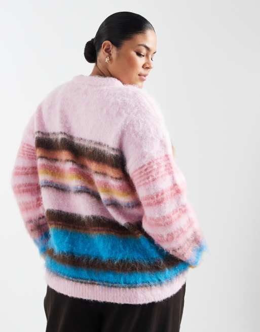 ASOS DESIGN Curve brushed stripe oversized jumper in pink, 4 of 4