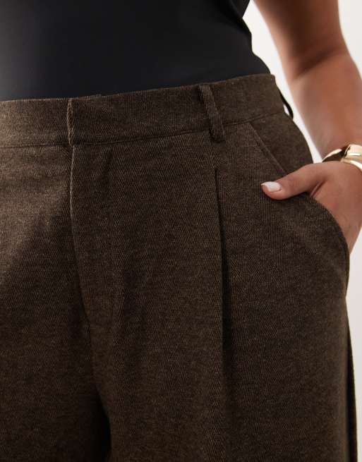 ASOS DESIGN Curve brushed wide leg pants in brown herringbone (Part of a set), 3 of 5