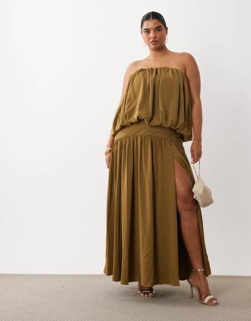 ASOS DESIGN Curve bubble bandeau full skirt maxi dress in deep olive, 2 of 4