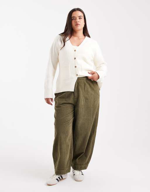 ASOS DESIGN Curve bubble corduroy barrel leg pants in khaki green