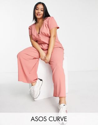 ASOS DESIGN Curve chiffon top belted flared leg jumpsuit in