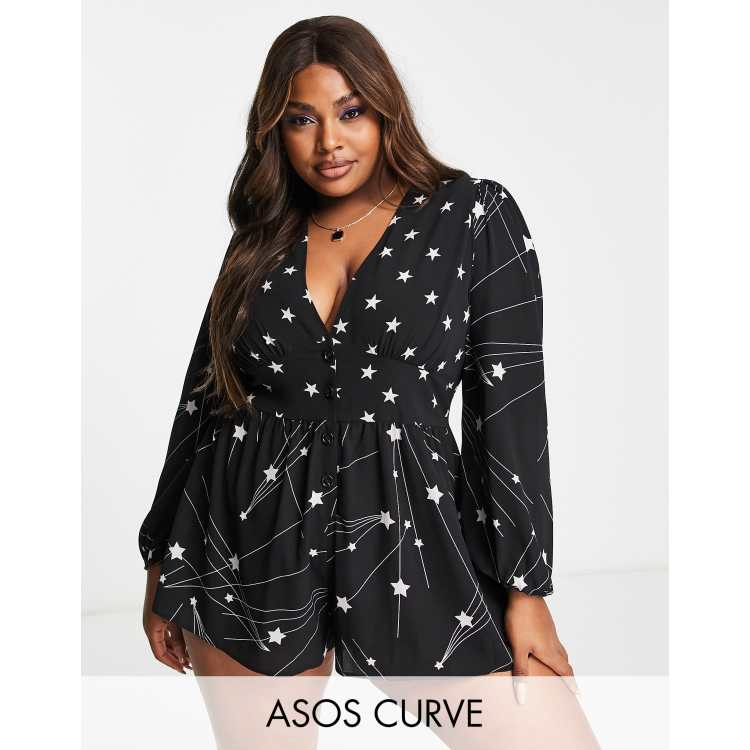 ASOS DESIGN Curve bubble crepe plunge neck playsuit with puff