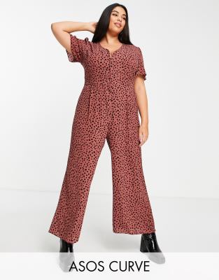 Asos Design Curve Bubble Crepe Tea Button Front Jumpsuit In Burgundy Animal-Multi