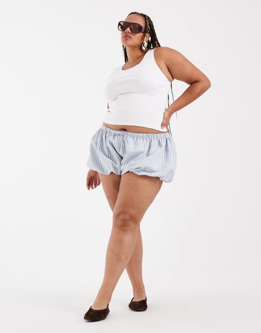 ASOS DESIGN Curve bubble hem shorts in blue stripe, 2 of 5