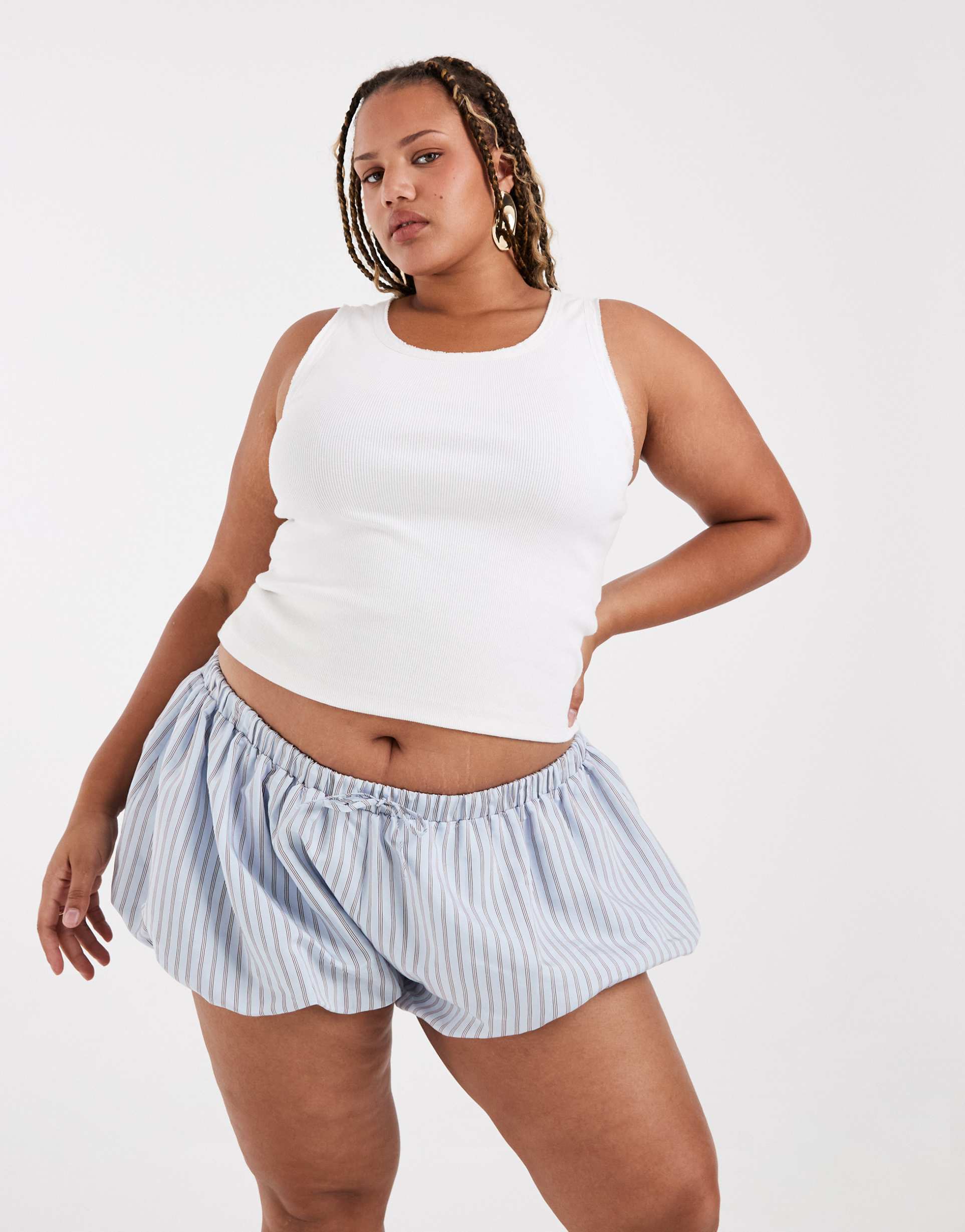 asos design curve bubble hem shorts in blue striped print