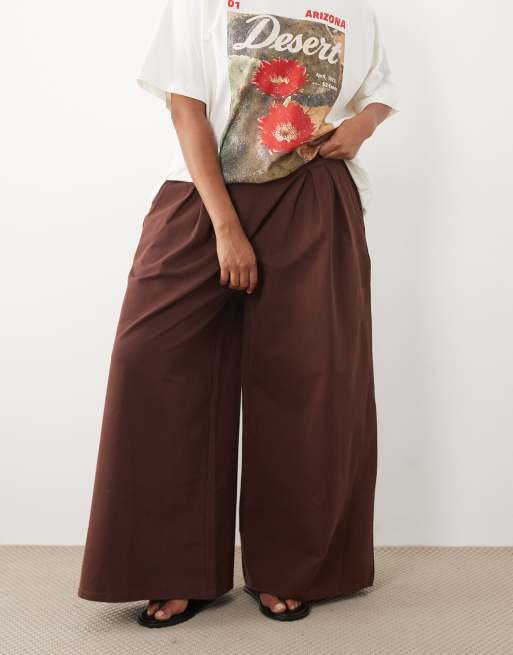ASOS DESIGN Curve bukser i bomuldstwill med brede ben i chokolade, 2 af 5