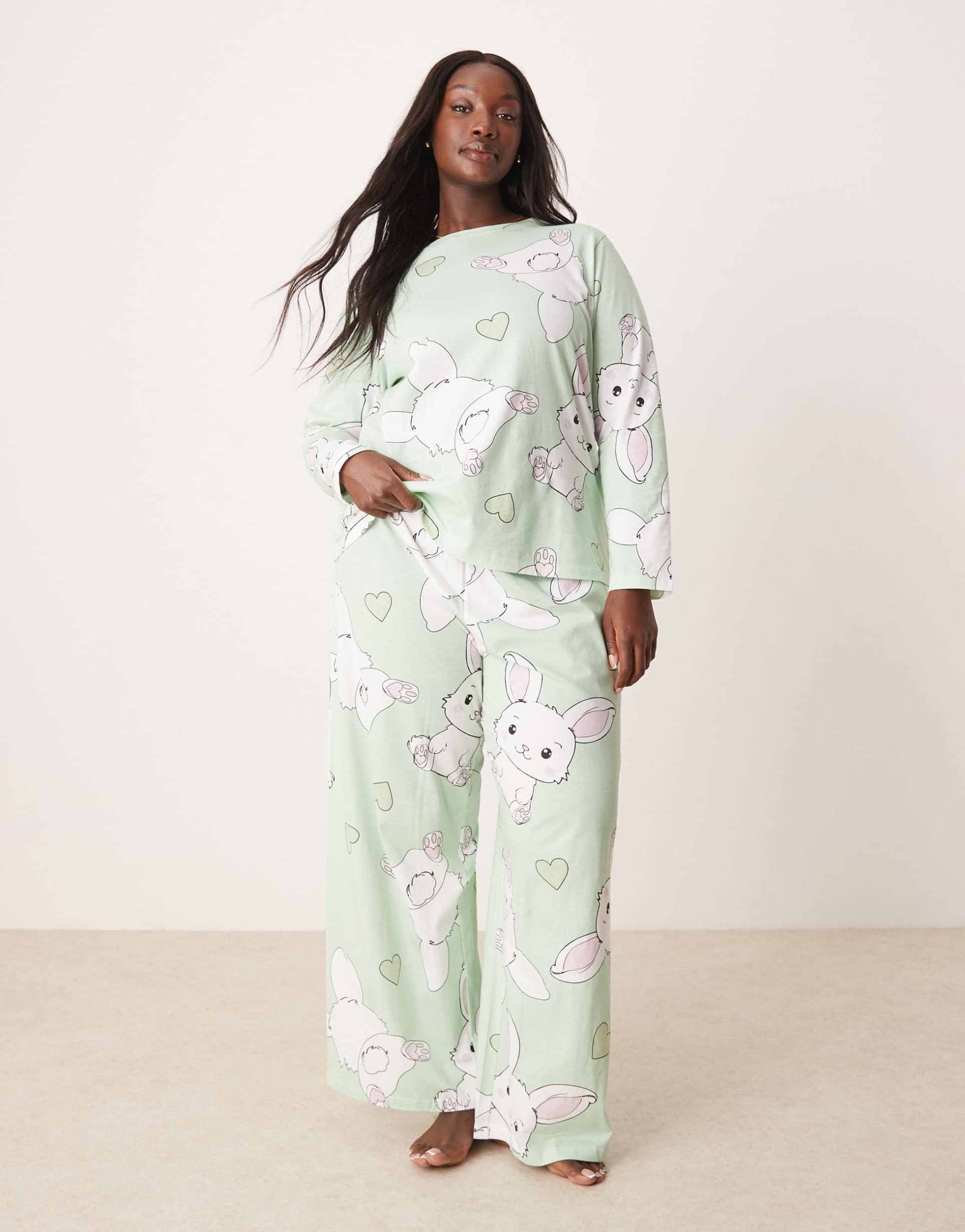 asos design curve bunny long sleeve top & pants pajama set in gray