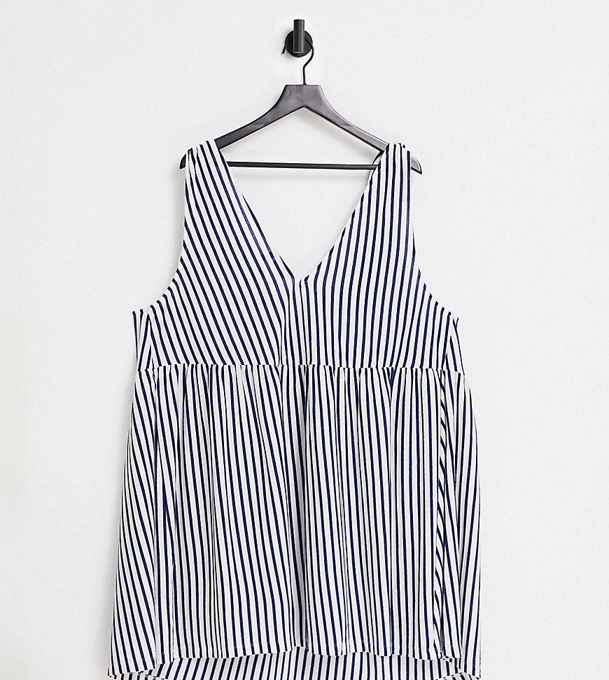 ASOS DESIGN Curve bunny tie shoulder mini smock dress in navy and white stripe