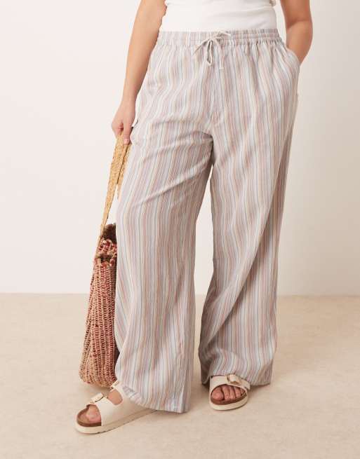 ASOS DESIGN Curve – Bunt gestreifte, strukturierte Schlupfhose in Leinenoptik mit weitem Bein, 2 von 5