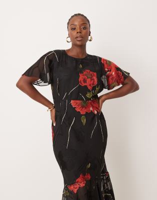 ASOS DESIGN Curve burnout angel sleeve tiered frill maxi dress in bold floral print-Multi