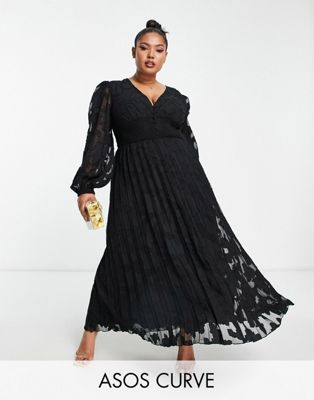 ASOS DESIGN Curve burnout button through shirred waist pleated midi dress in black - ASOS Price Checker