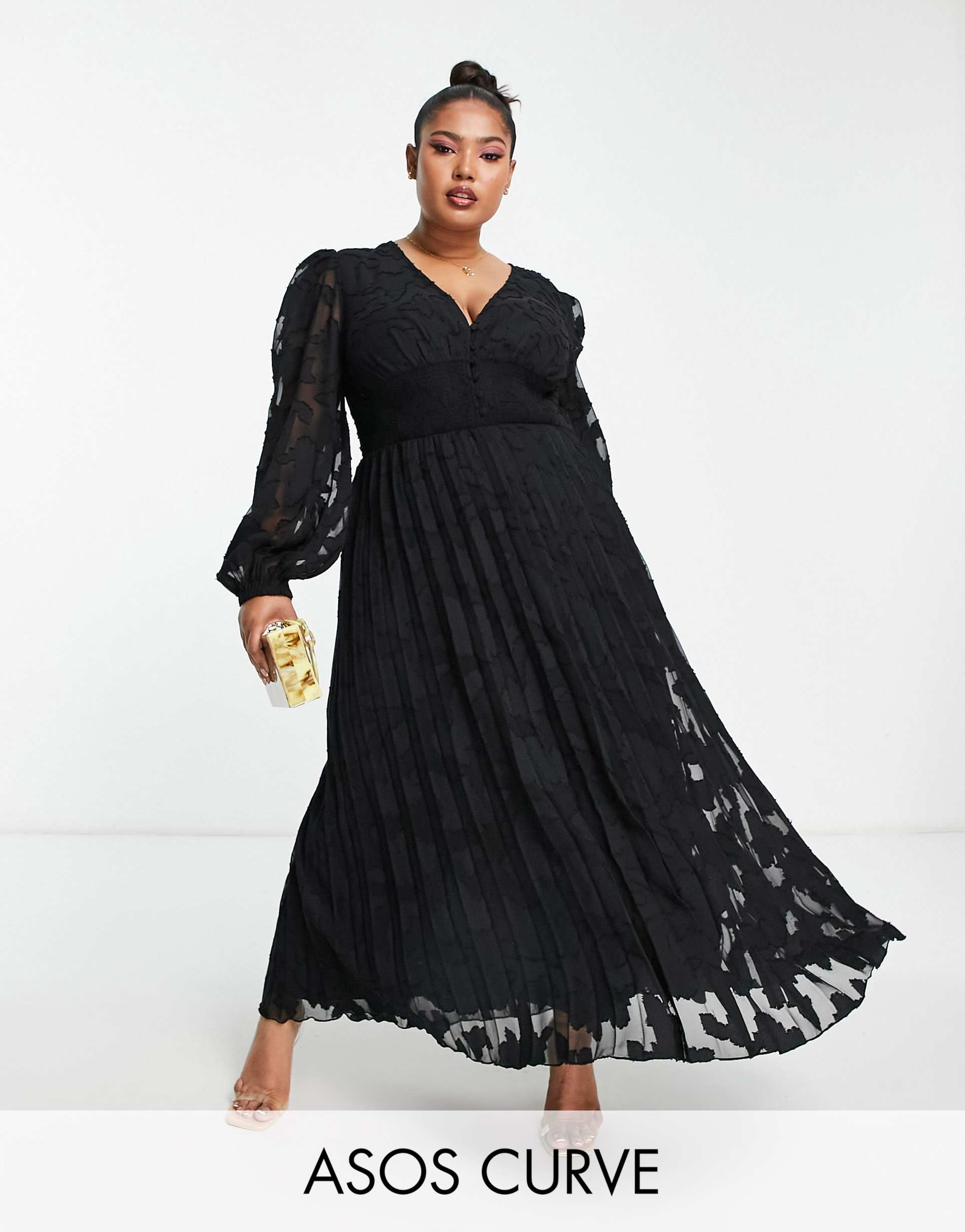 asos design curve burnout button through shirred waist pleated midi dress in black