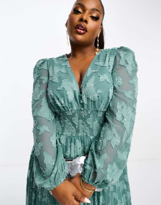 ASOS DESIGN Curve burnout button through shirred waist pleated midi dress  in teal | ASOS