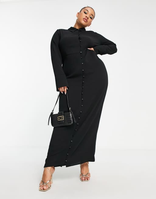 ASOS DESIGN Curve button detail maxi shirt dress in black | ASOS