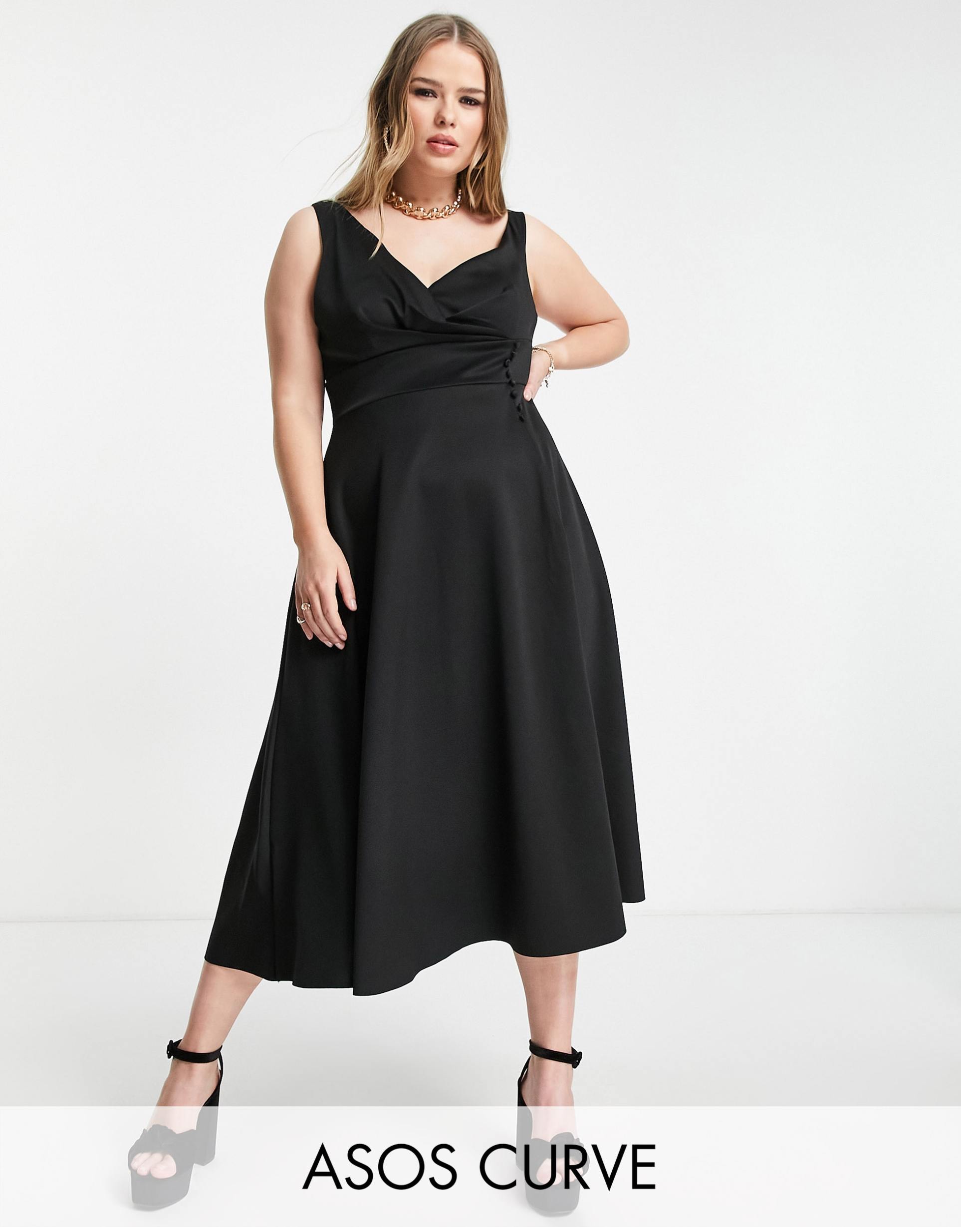 asos design curve button detail midi prom dress in black