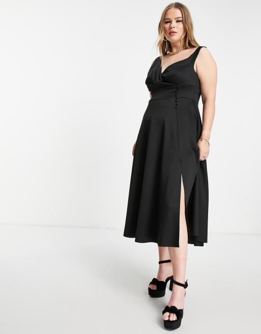 ASOS DESIGN Curve button detail midi prom dress in black