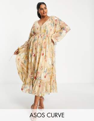 Asos Curve Asos Design Curve Button Detail Smock Maxi Dress In Printed Floral Metallic Jacquard-multi