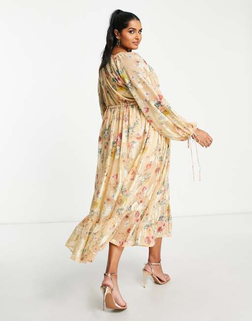 ASOS DESIGN Curve button detail smock maxi dress in printed floral metallic jacquard, 2 of 4