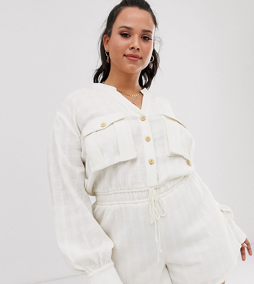 ASOS DESIGN Curve button front casual textured tie waist utility romper with pocket detail-White