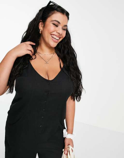 ASOS DESIGN curve button front linen minimal chuck on jumpsuit in black, 3 of 4