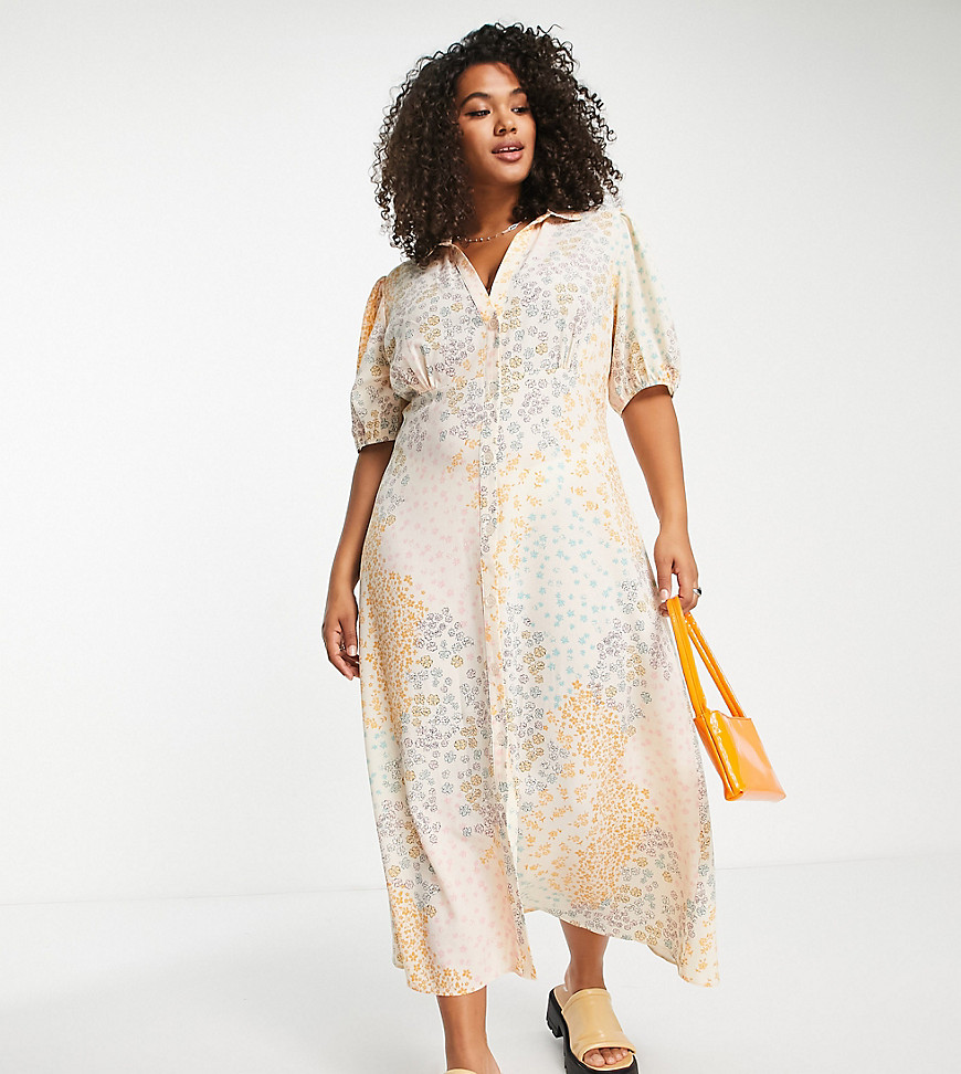ASOS DESIGN Curve button front midi shirt tea dress in mix scale floral print-Multi