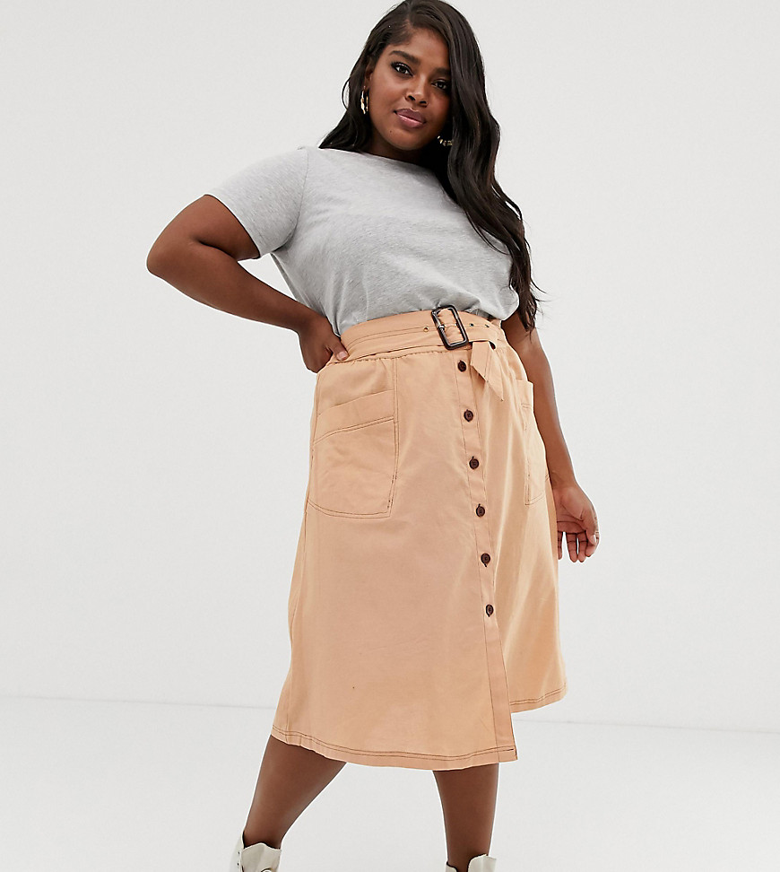 ASOS DESIGN Curve button front midi skirt with tortoise shell belt and contrast stitching-Stone
