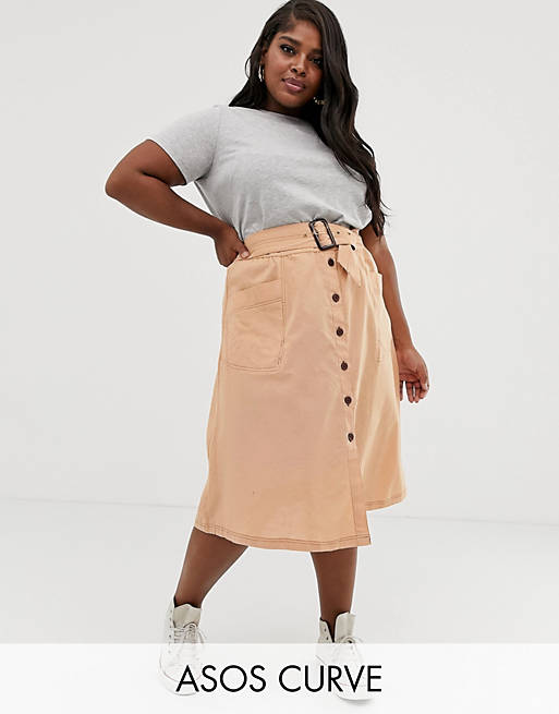 ASOS DESIGN Curve button front midi skirt with tortoise shell belt and contrast stitching