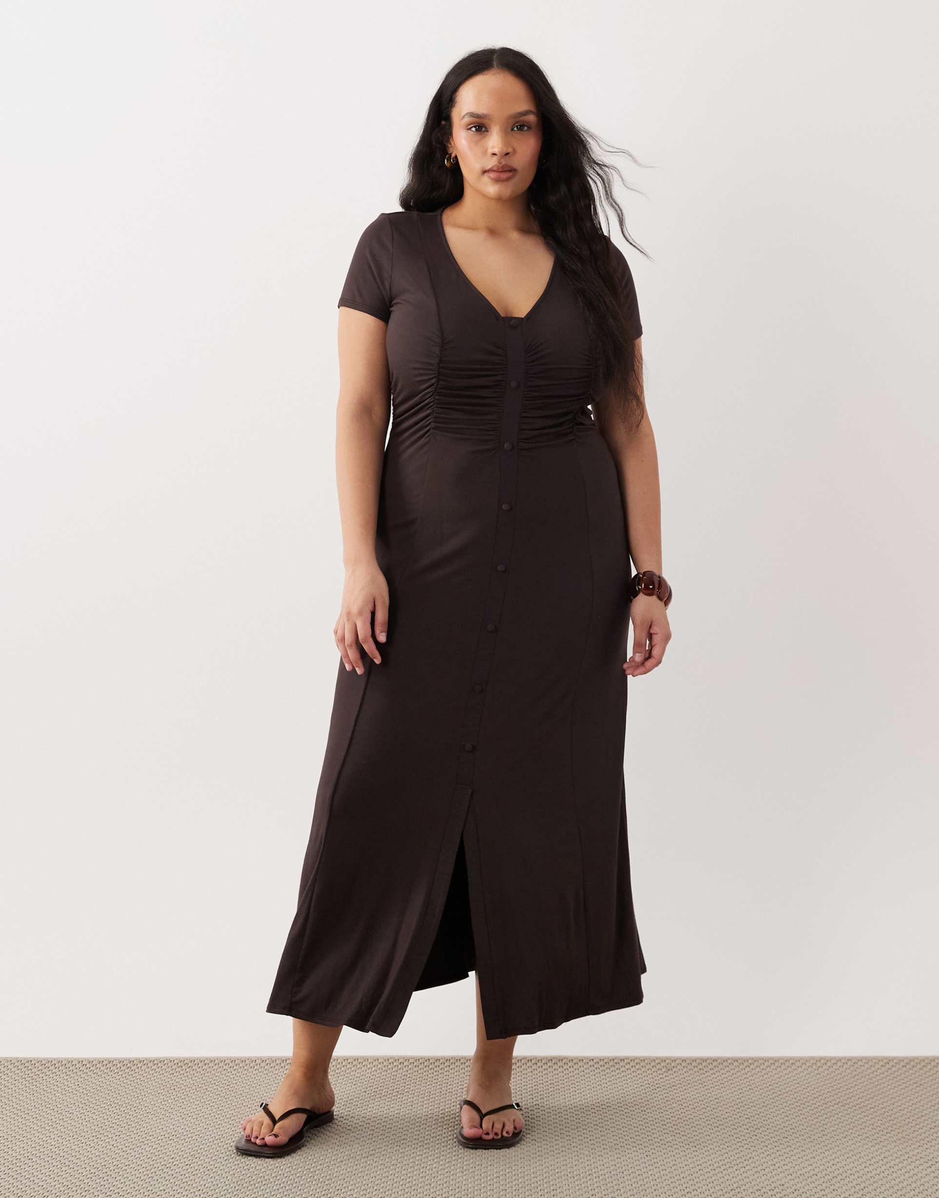 asos design curve button front ruched waist tea dress in chocolate