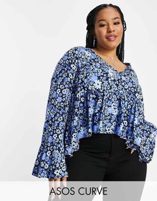 YOURS Plus Size Curve Blue Floral Bell Sleeve Blouse