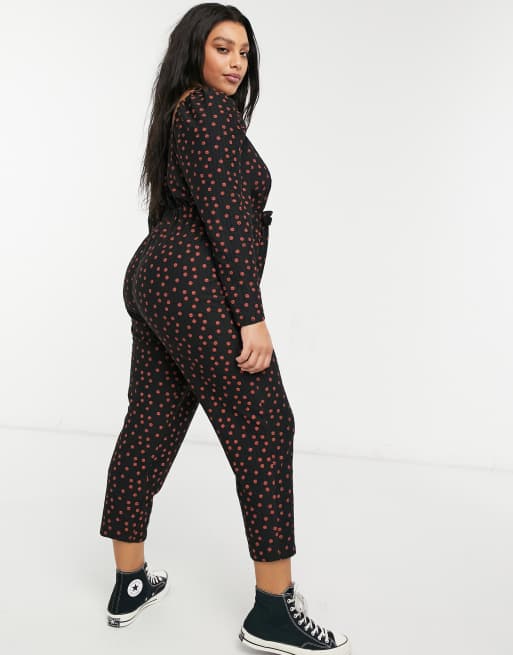 ASOS DESIGN Curve button front square neck peg leg jumpsuit in red polka dot, 2 of 4
