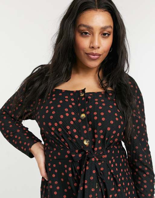 ASOS DESIGN Curve button front square neck peg leg jumpsuit in red polka dot, 3 of 4