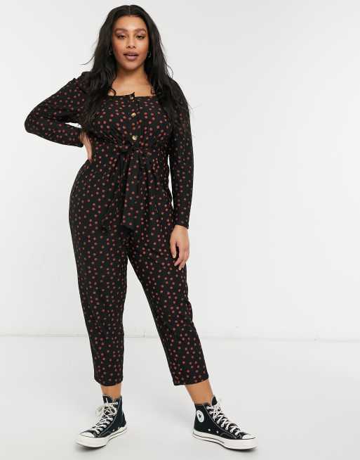 ASOS DESIGN Curve button front square neck peg leg jumpsuit in red polka dot, 4 of 4