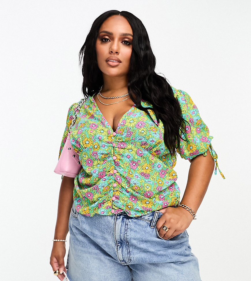 Asos Curve Asos Design Curve Button Front Tee Blouse With Ruched Waist In Bright Daisy Floral Print-multi