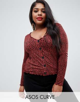 Asos Design Curve Button Front Top With Long Sleeve In Leopard Animal Print-Multi