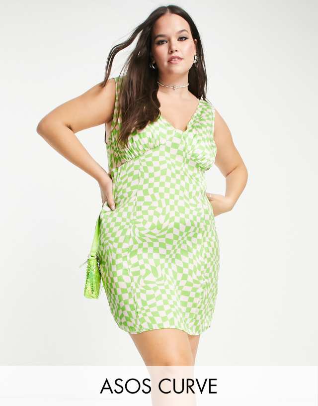 ASOS DESIGN Curve button side satin mini dress in green checkerboard print