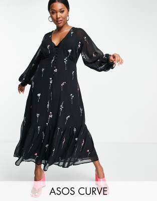 ASOS DESIGN Curve button through embroidered maxi tea dress in black | ASOS