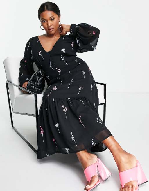 ASOS DESIGN Curve button through embroidered maxi tea dress in