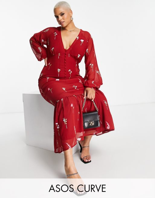 ASOS DESIGN Curve button through embroidered maxi tea dress in oxblood