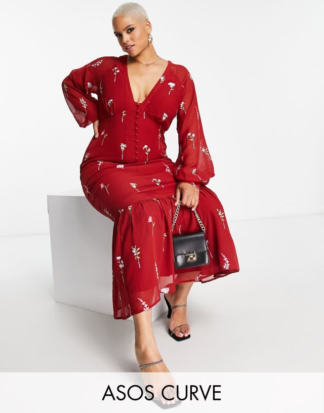 ASOS DESIGN Curve button through embroidered maxi tea dress in oxblood