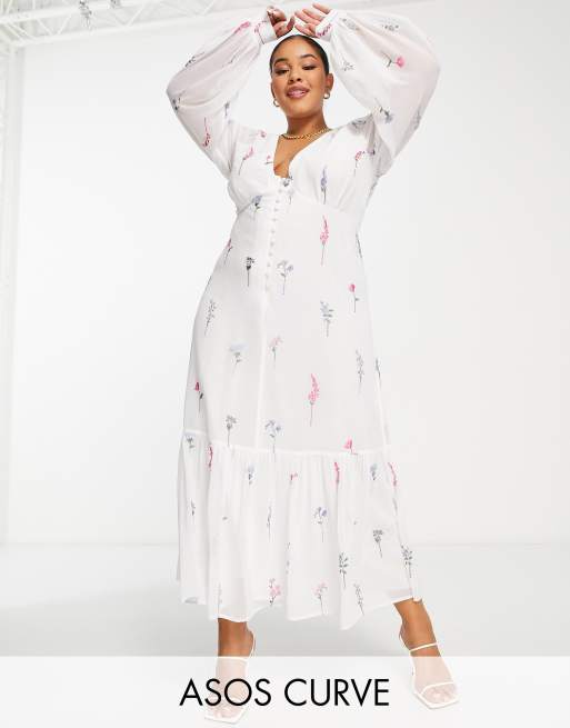 ASOS DESIGN Curve button through embroidered maxi dress in white | ASOS