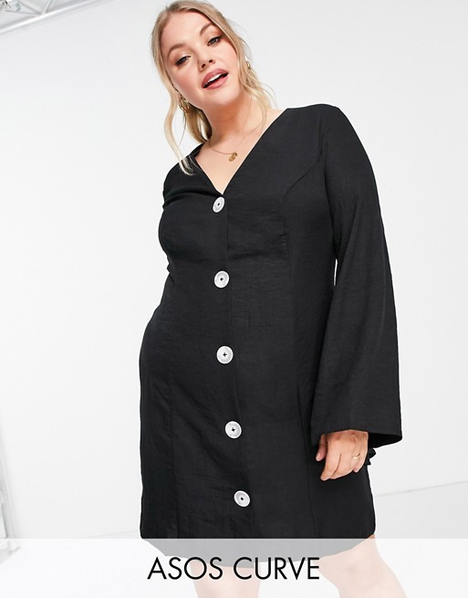ASOS DESIGN Curve button through linen mini dress with fluted sleeve in black
