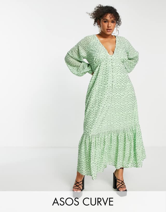 ASOS DESIGN Curve button through metallic maxi tea dress in green