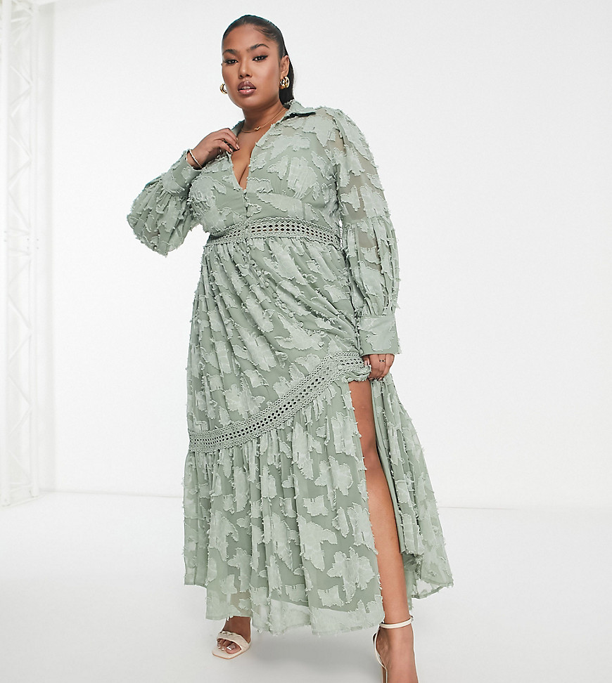 ASOS DESIGN Curve button through midi shirt dress with lace inserts in burnout in khaki-Green