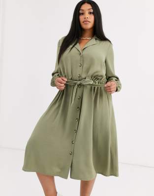 khaki shirt dress midi