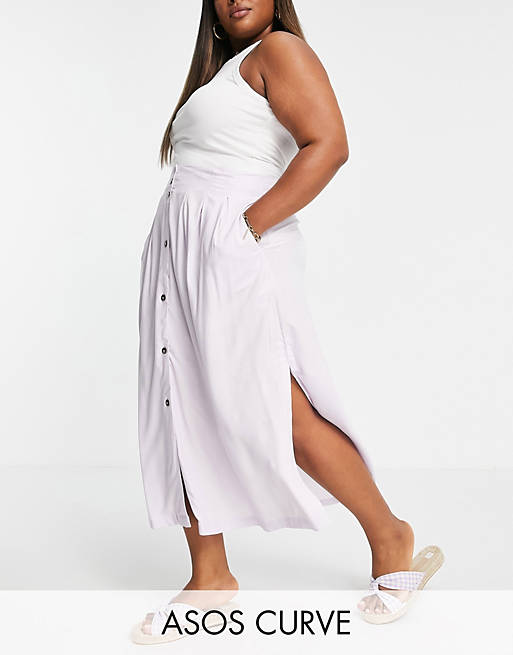 ASOS DESIGN Curve button through midi skirt with deep pocket detail in lilac