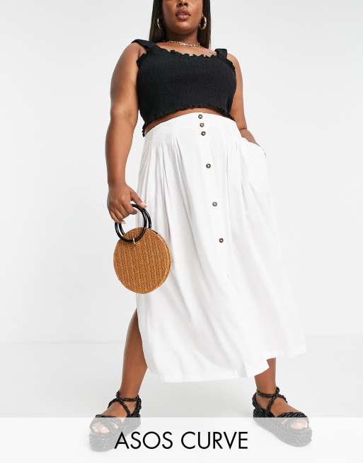 ASOS DESIGN Curve button through midi skirt with deep pocket detail in white