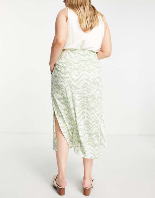 ASOS DESIGN Curve button through midi skirt with split in sage and white zebra print