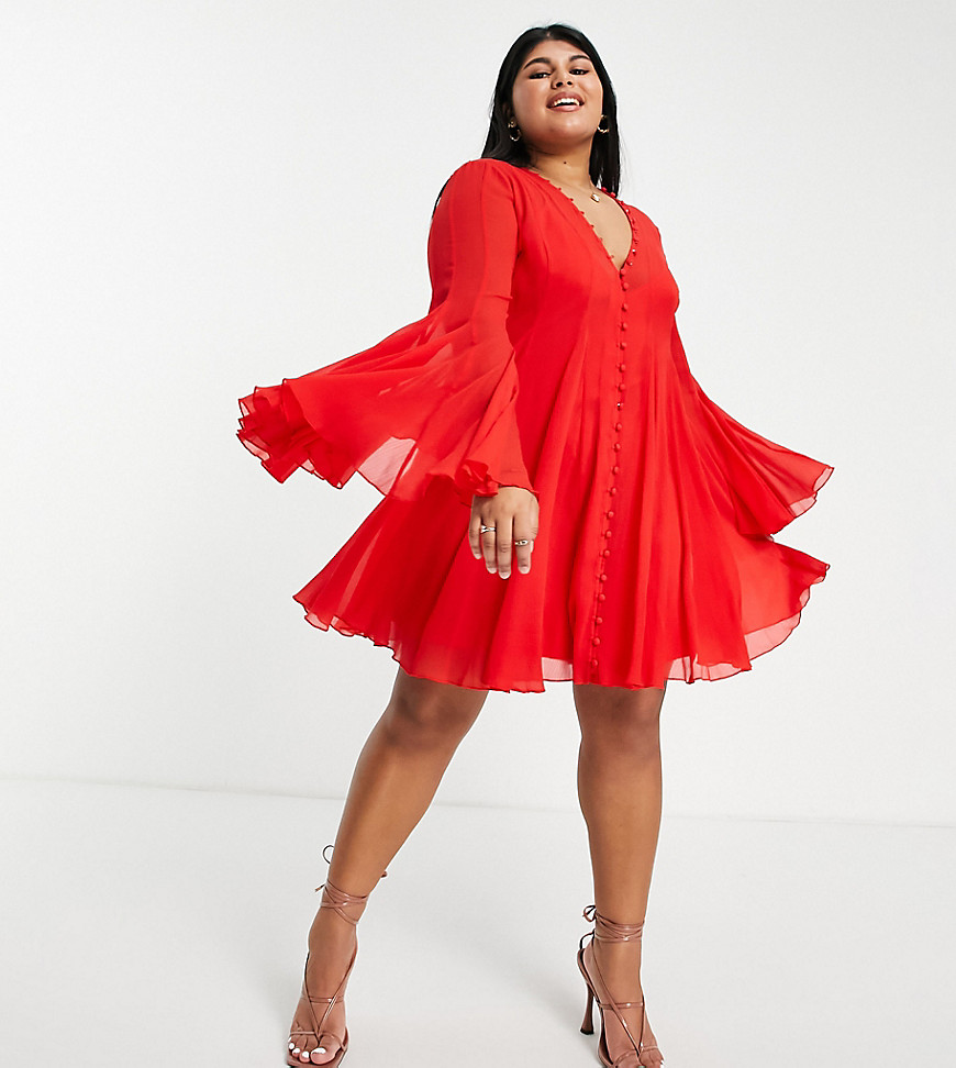 ASOS DESIGN Curve button through mini dress with flare detail in red